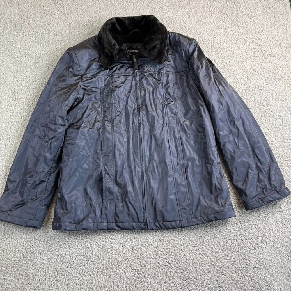 Outbrook Womens Faux Fur Collar Zip Jacket Midnight Blue Size Large Pockets